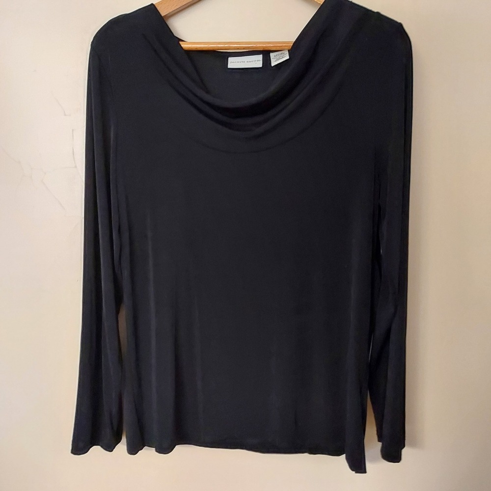 Jaclyn Smith L Black Wrinkle Free Stretch Knit Boat Neck Cowl Top‎